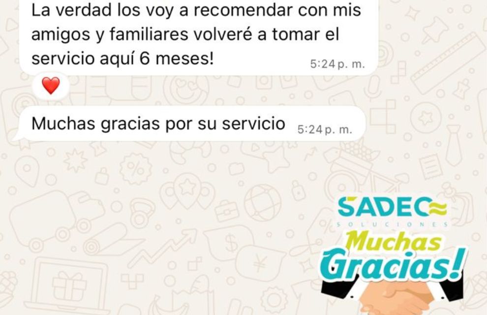Captura de pantalla de mensaje de WhatsApp de cliente satisfecho